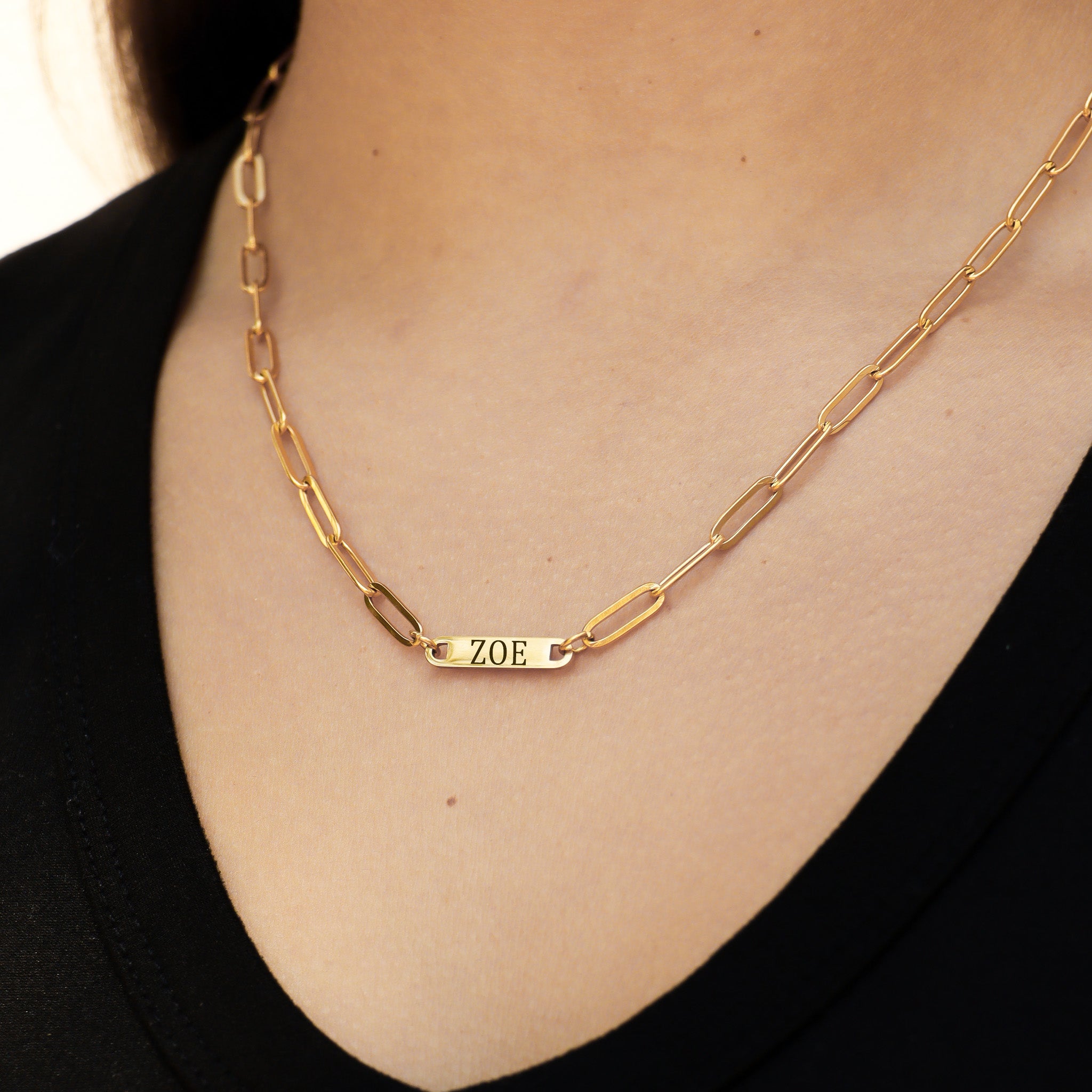 Engraved Gold Necklace – 18K Gold PVD Paperclip Chain with Engraved Bar Pendant