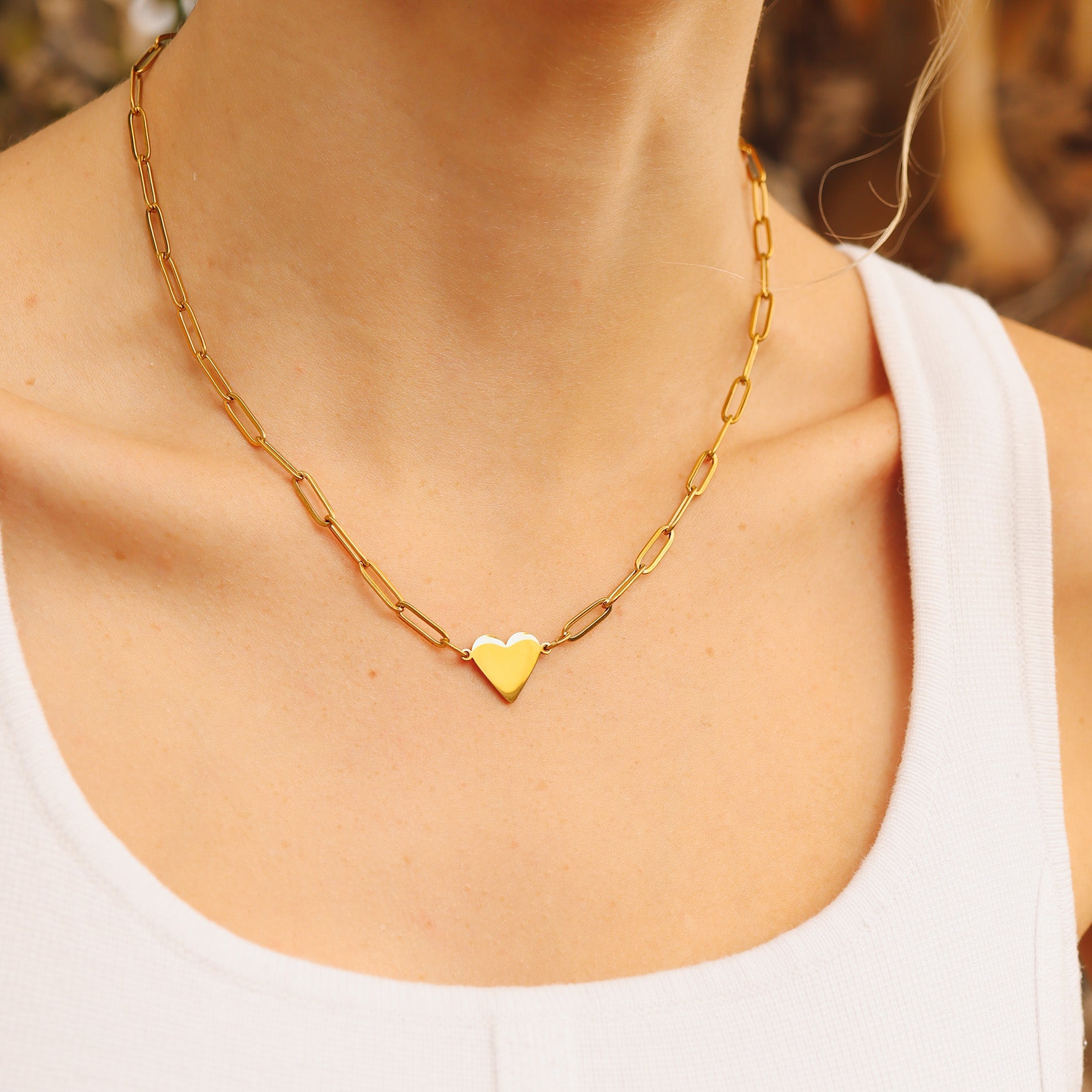 Gold Paperclip Necklace – 18K PVD Coated Stainless Steel Heart Pendant Necklace