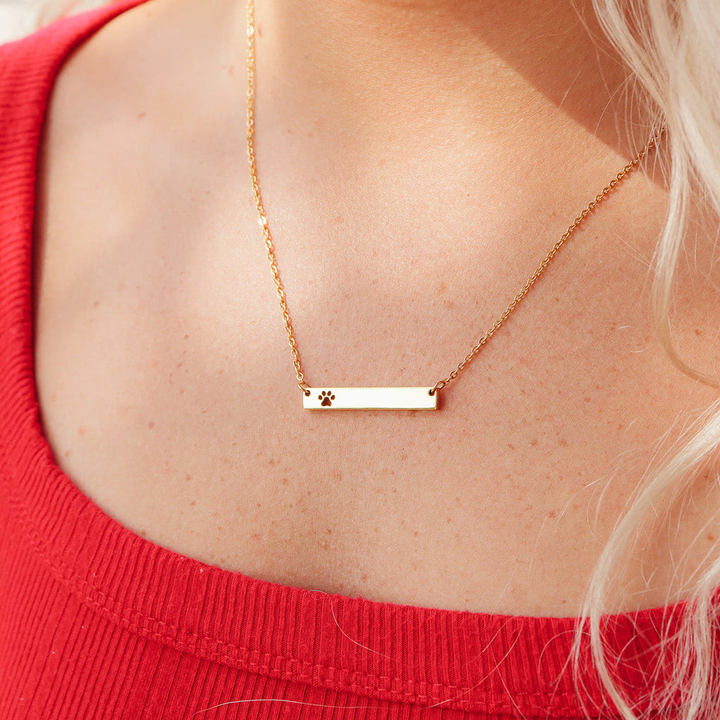 Gold Paw Print Necklace - 18K PVD Stainless Steel Engraving Blank Bar Pendant