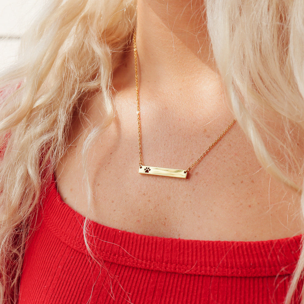 Gold Paw Print Necklace - 18K PVD Stainless Steel Engraving Blank Bar Pendant