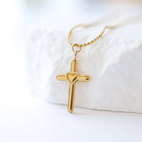 18K Gold Cross Charm – Hypoallergenic Gold Jewelry Pendant With Heart Design