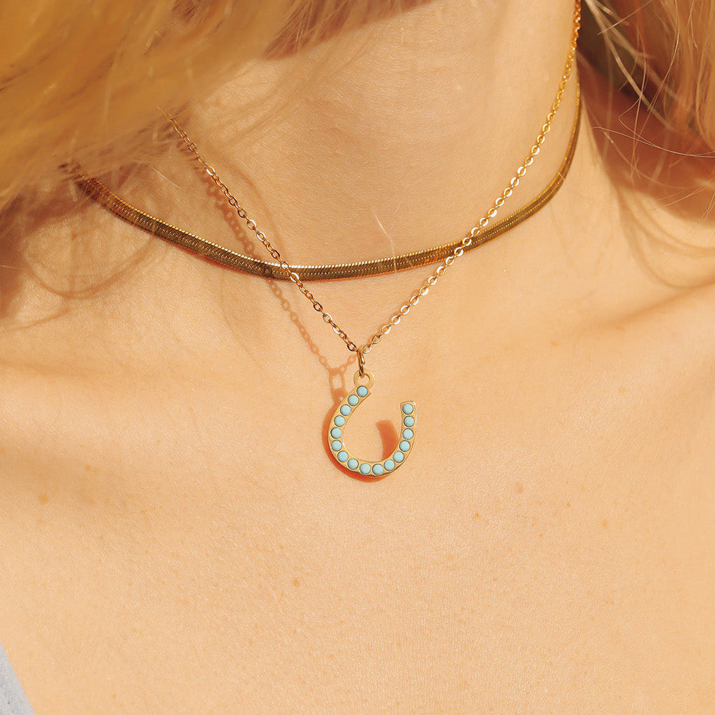 Horseshoe Charm – 18K Gold Stainless Steel Pendant With Turquoise Stone Accent