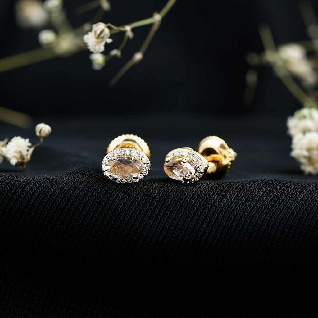 Peach Morganite and Diamond Halo Stud Earrings