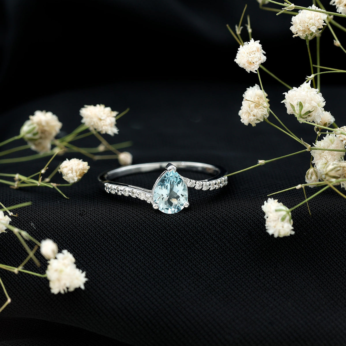 Pear Cut Aquamarine Ring – Elegant Teardrop Gemstone Ring with Diamond Accents