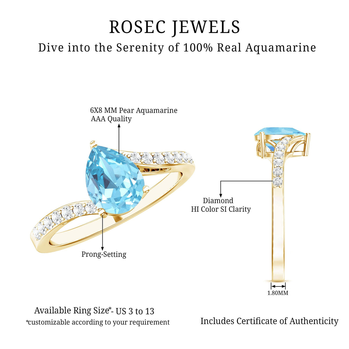 Pear Cut Aquamarine Ring – Elegant Teardrop Gemstone Ring with Diamond Accents
