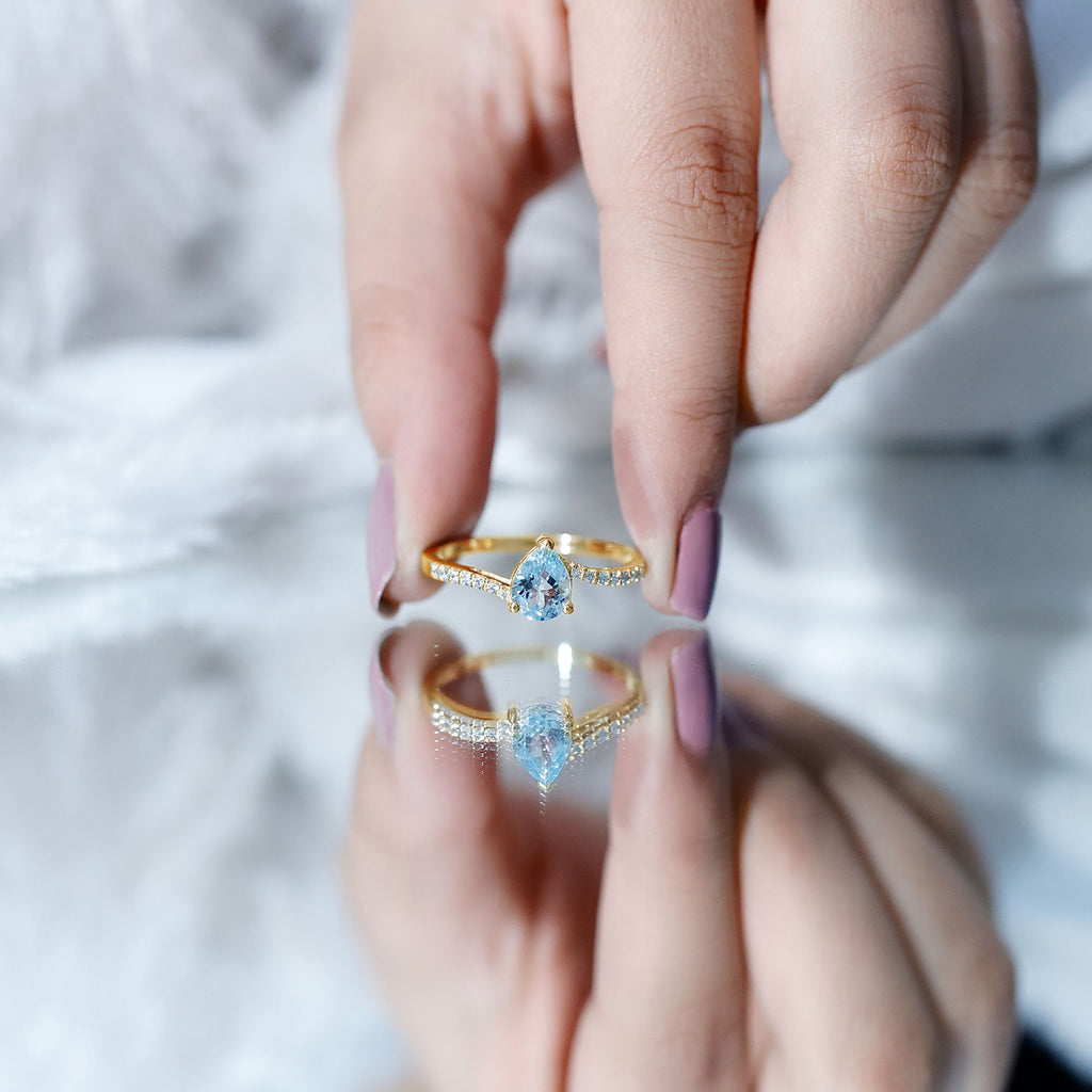 Pear Cut Aquamarine Ring – Elegant Teardrop Gemstone Ring with Diamond Accents