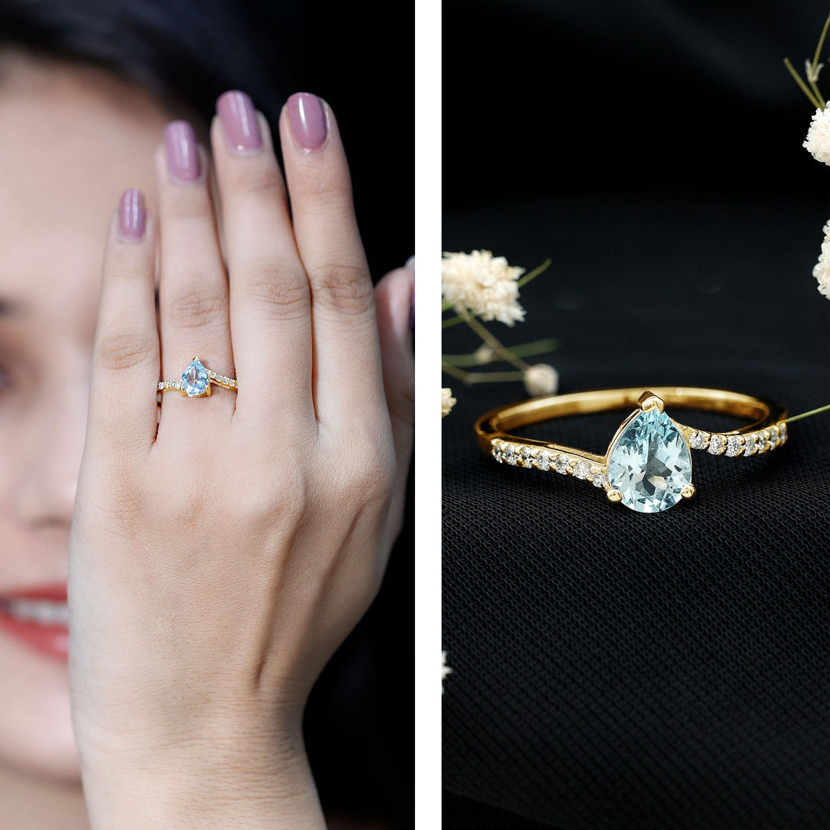Pear Cut Aquamarine Ring – Elegant Teardrop Gemstone Ring with Diamond Accents