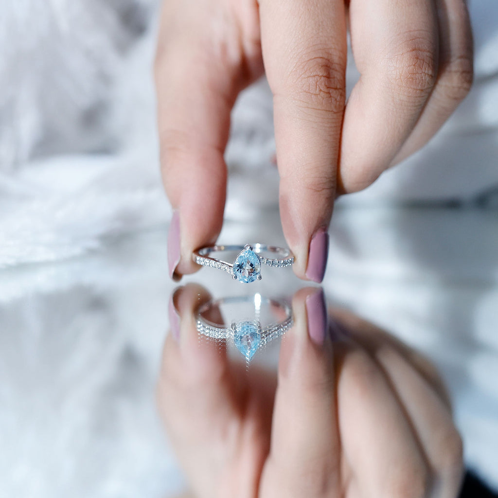 Pear Cut Aquamarine Ring – Elegant Teardrop Gemstone Ring with Diamond Accents