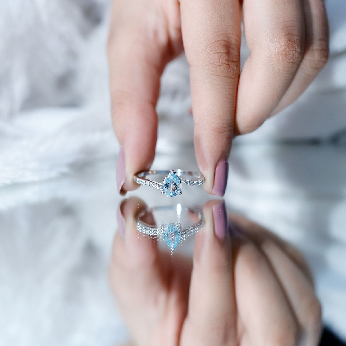 Pear Cut Aquamarine Ring – Elegant Teardrop Gemstone Ring with Diamond Accents