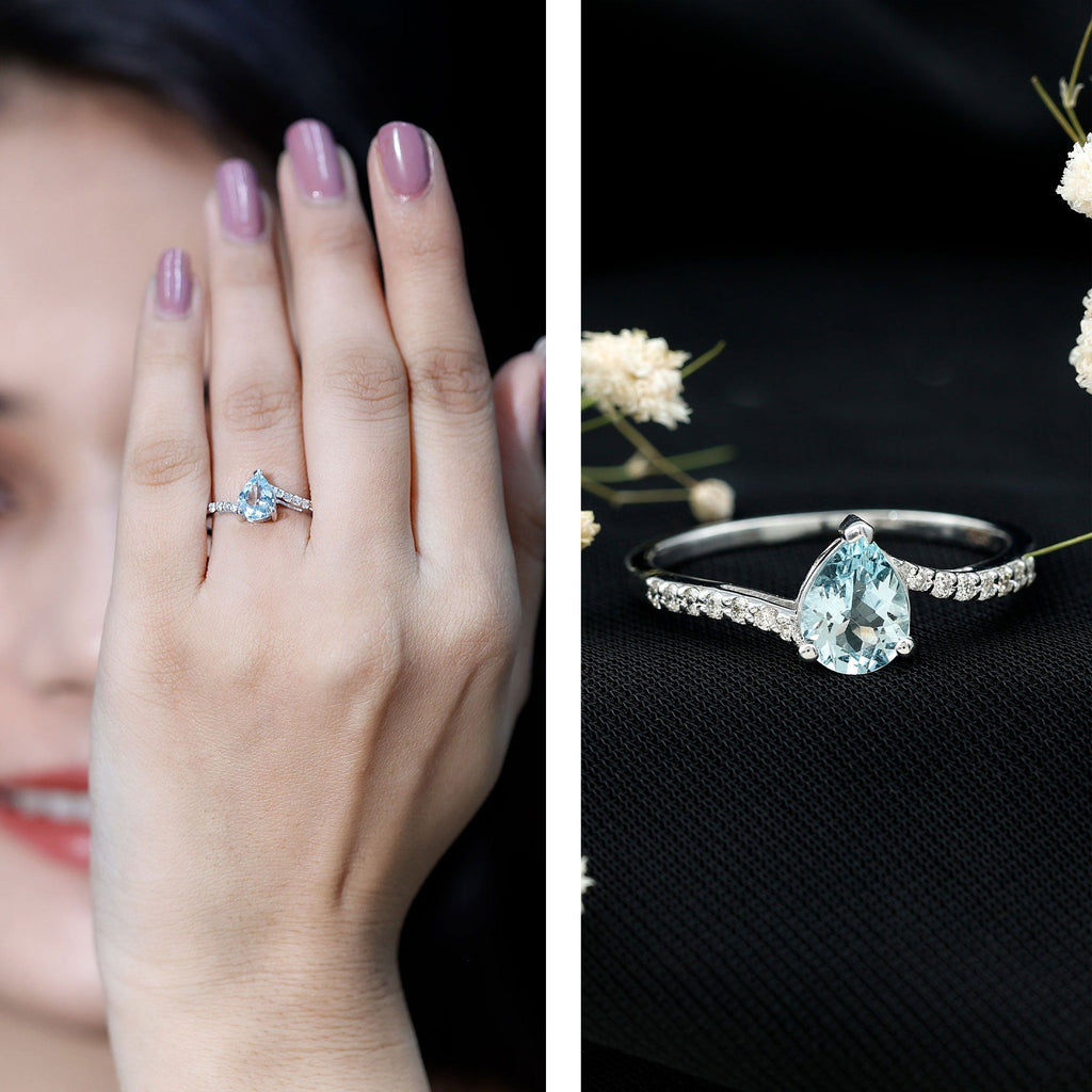 Pear Cut Aquamarine Ring – Elegant Teardrop Gemstone Ring with Diamond Accents
