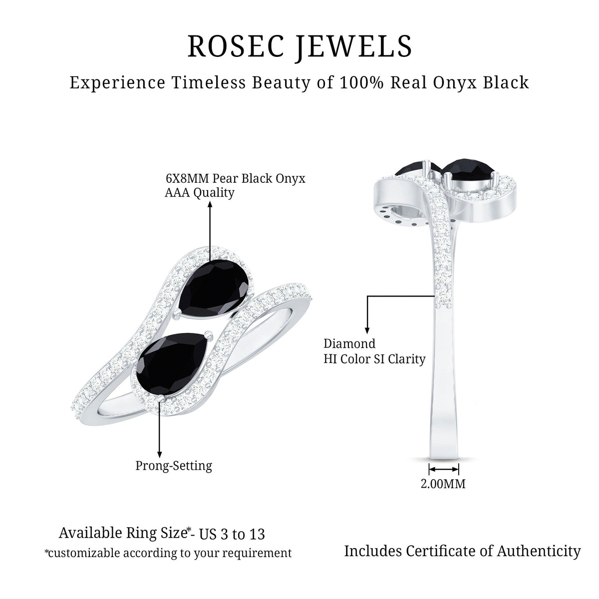 Pear Cut Black Onyx Two Stone Engagement Ring with Diamond