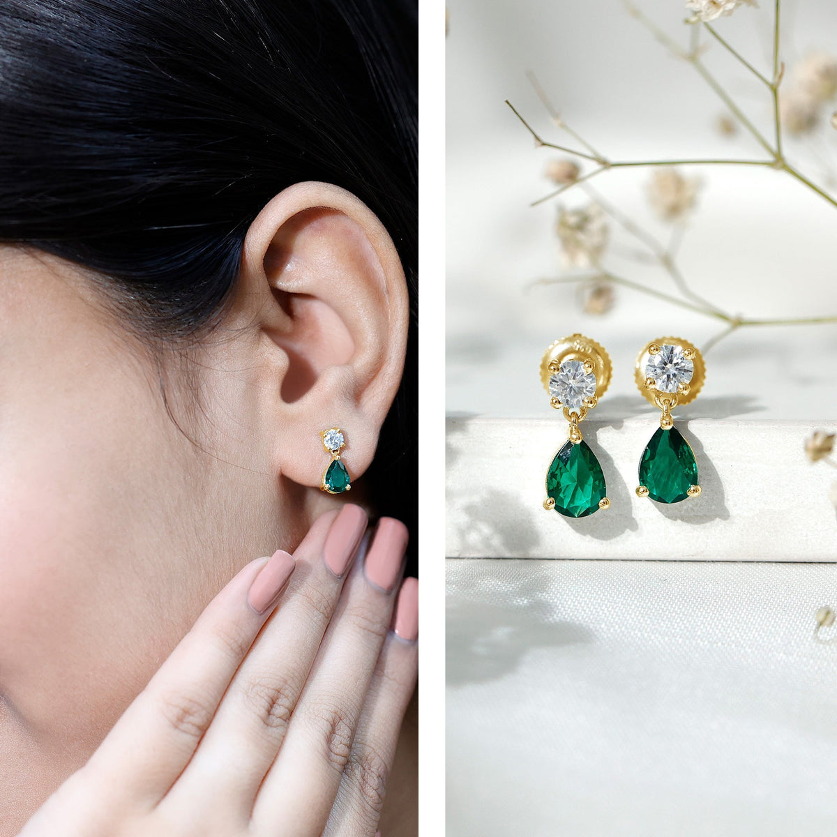 Pear Cut Emerald Earrings – Lab Grown Moissanite Teardrop Dangle Jewelry