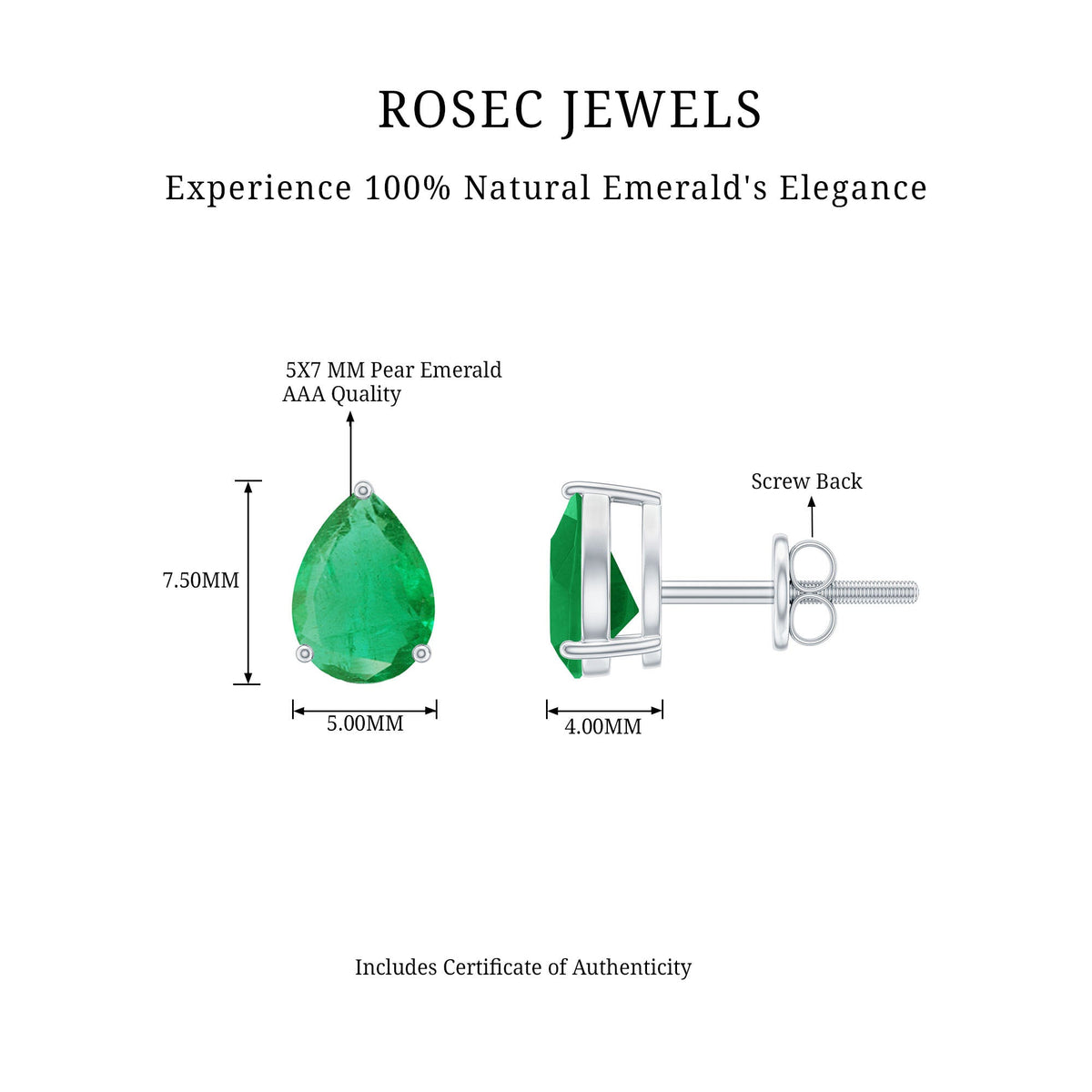 Pear Cut Emerald Earrings – Solitaire Studs with AAA Quality Green Gemstones