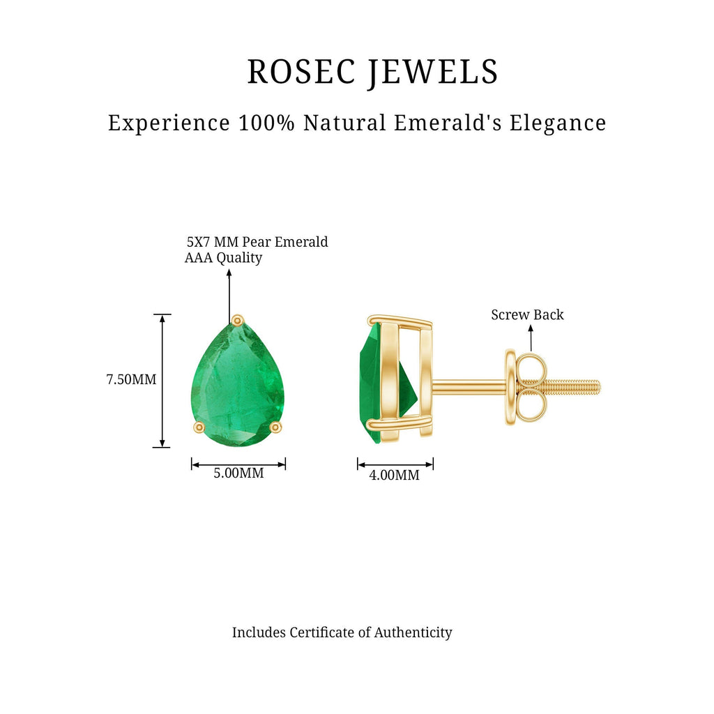 Pear Cut Emerald Earrings – Solitaire Studs with AAA Quality Green Gemstones