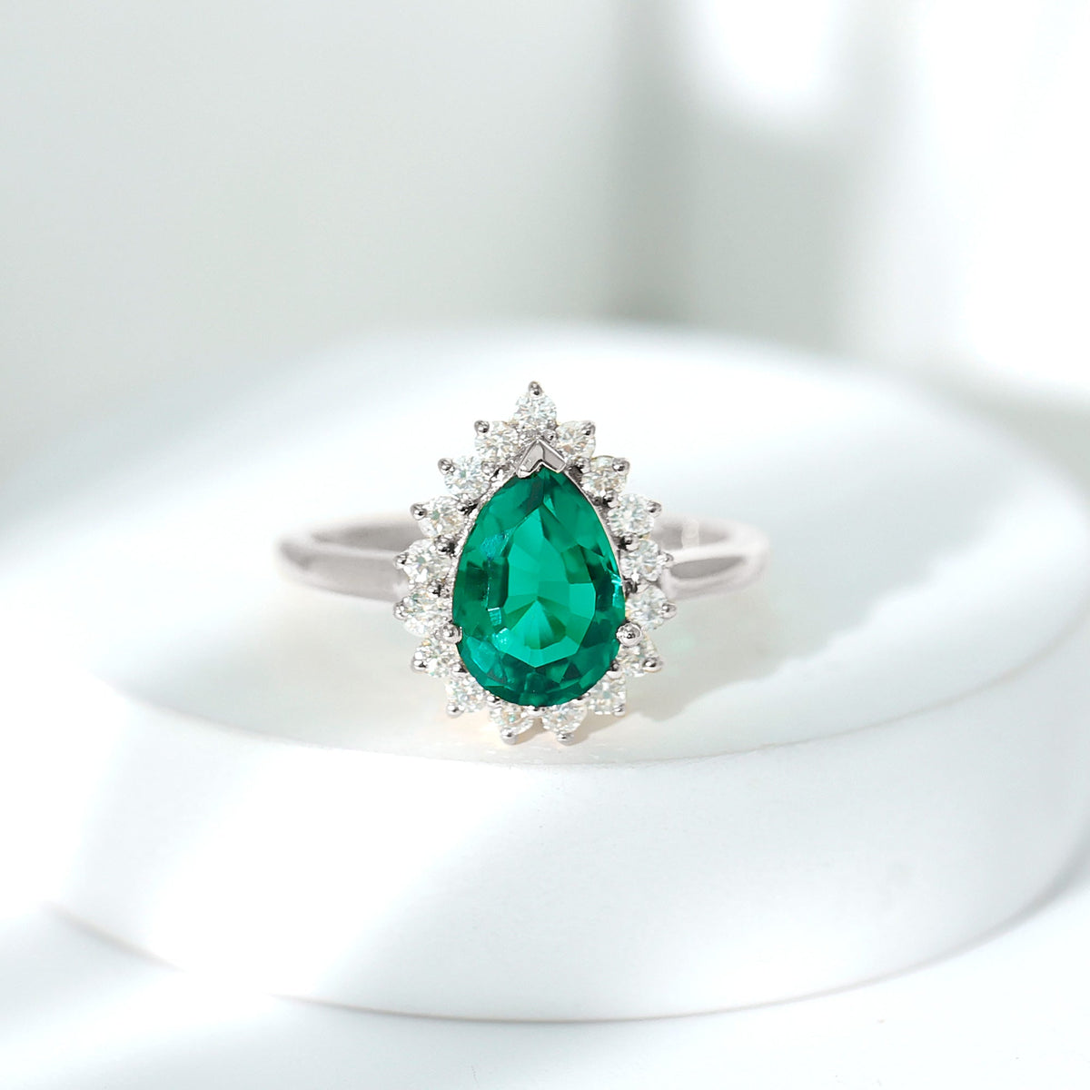 Pear Cut Emerald Ring – 2 Carat Lab Created Emerald Halo Engagement Ring