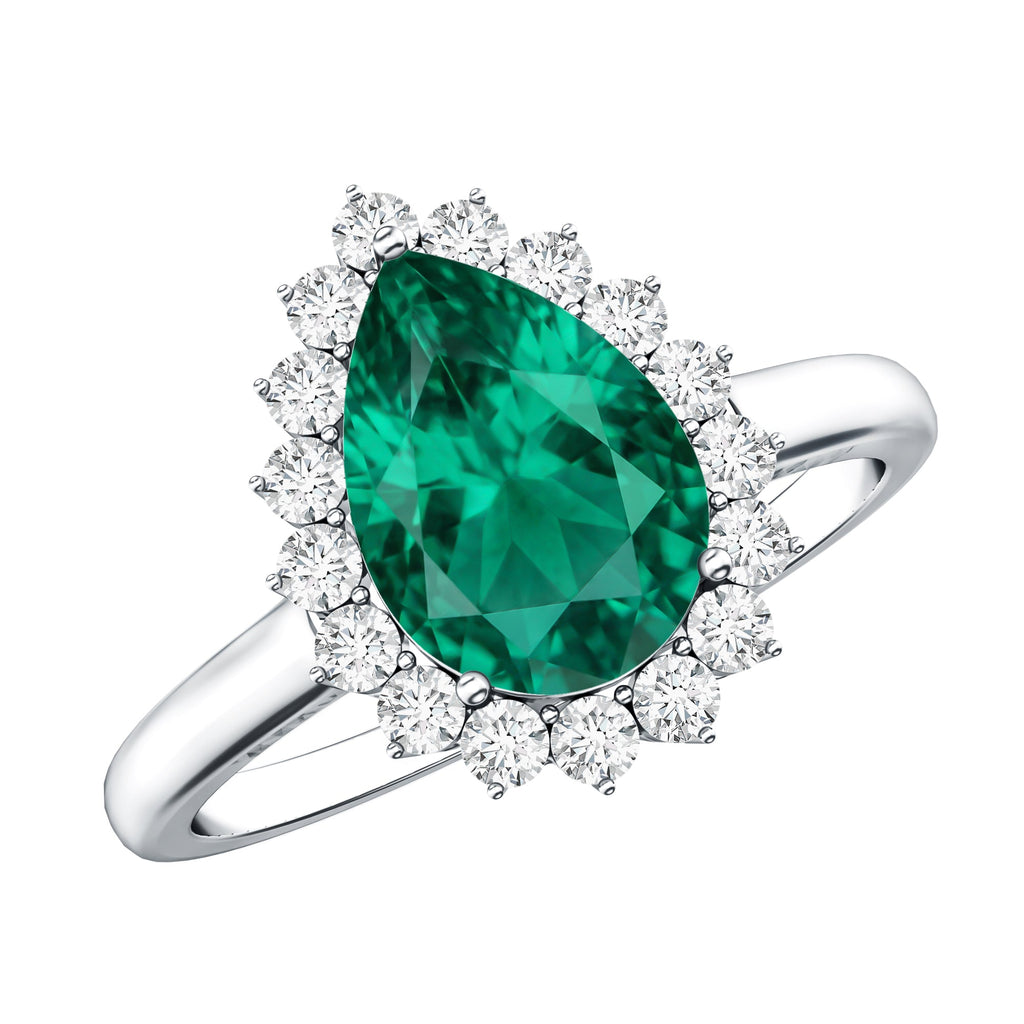Pear Cut Emerald Ring – 2 Carat Lab Created Emerald Halo Engagement Ring