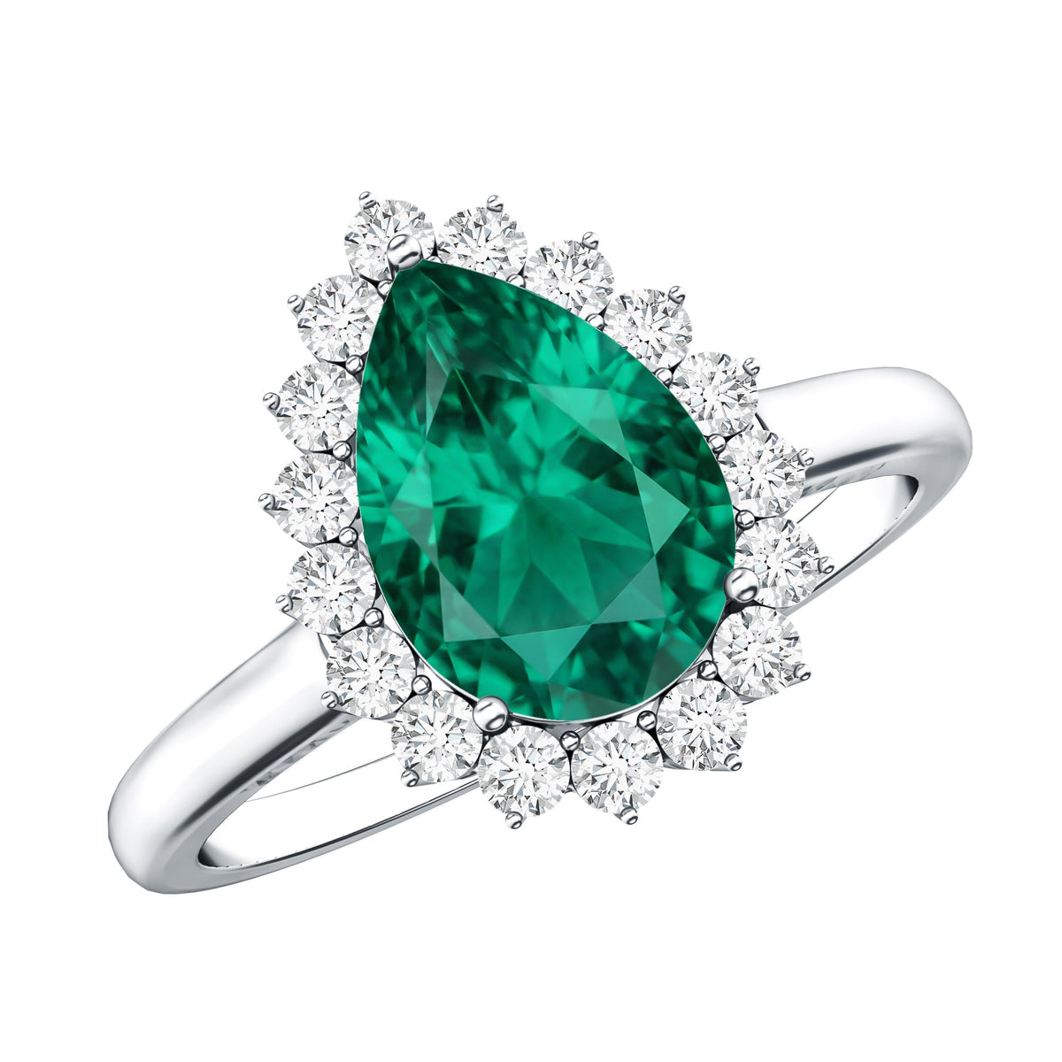 Pear Cut Emerald Ring – 2 Carat Lab Created Emerald Halo Engagement Ring