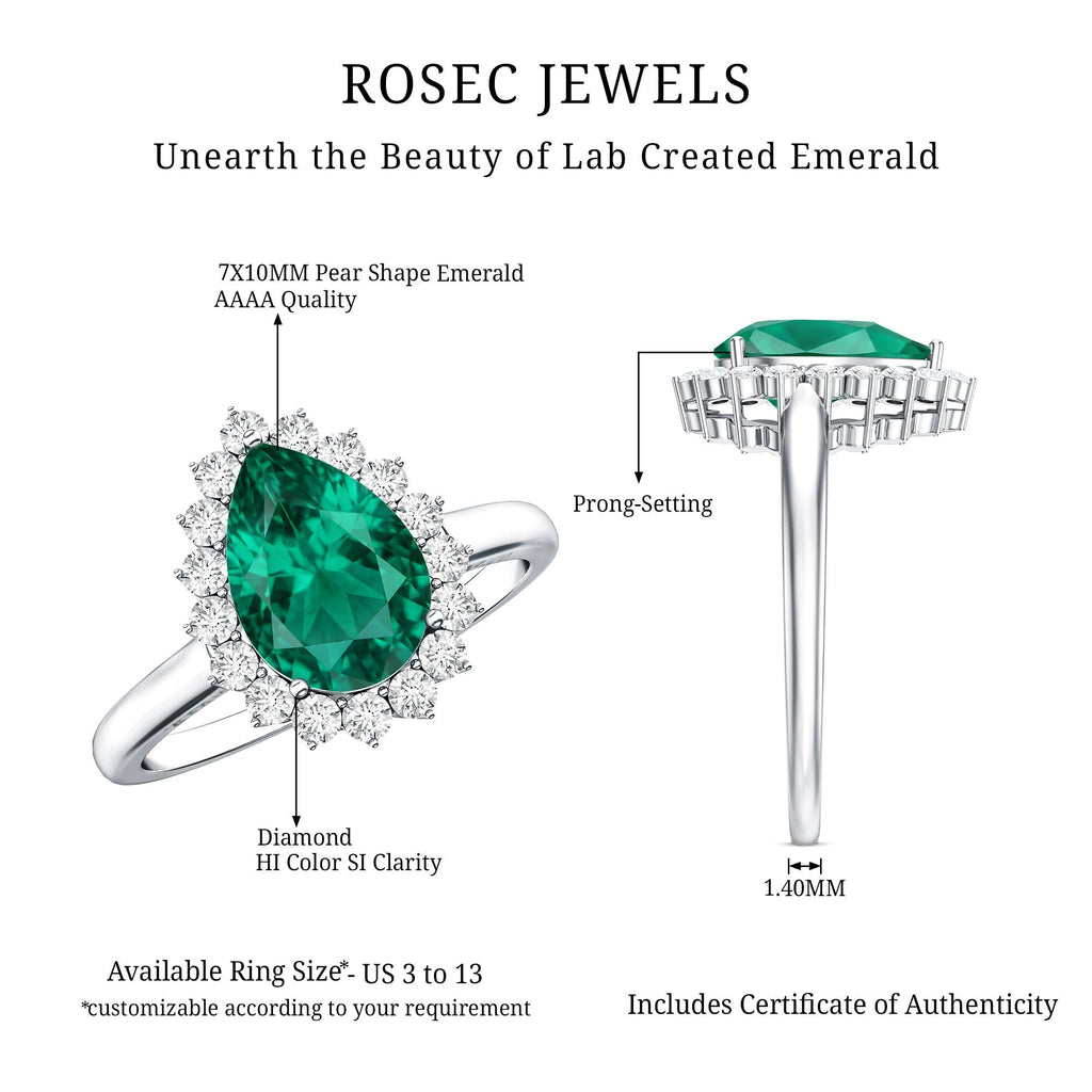 Pear Cut Emerald Ring – 2 Carat Lab Created Emerald Halo Engagement Ring
