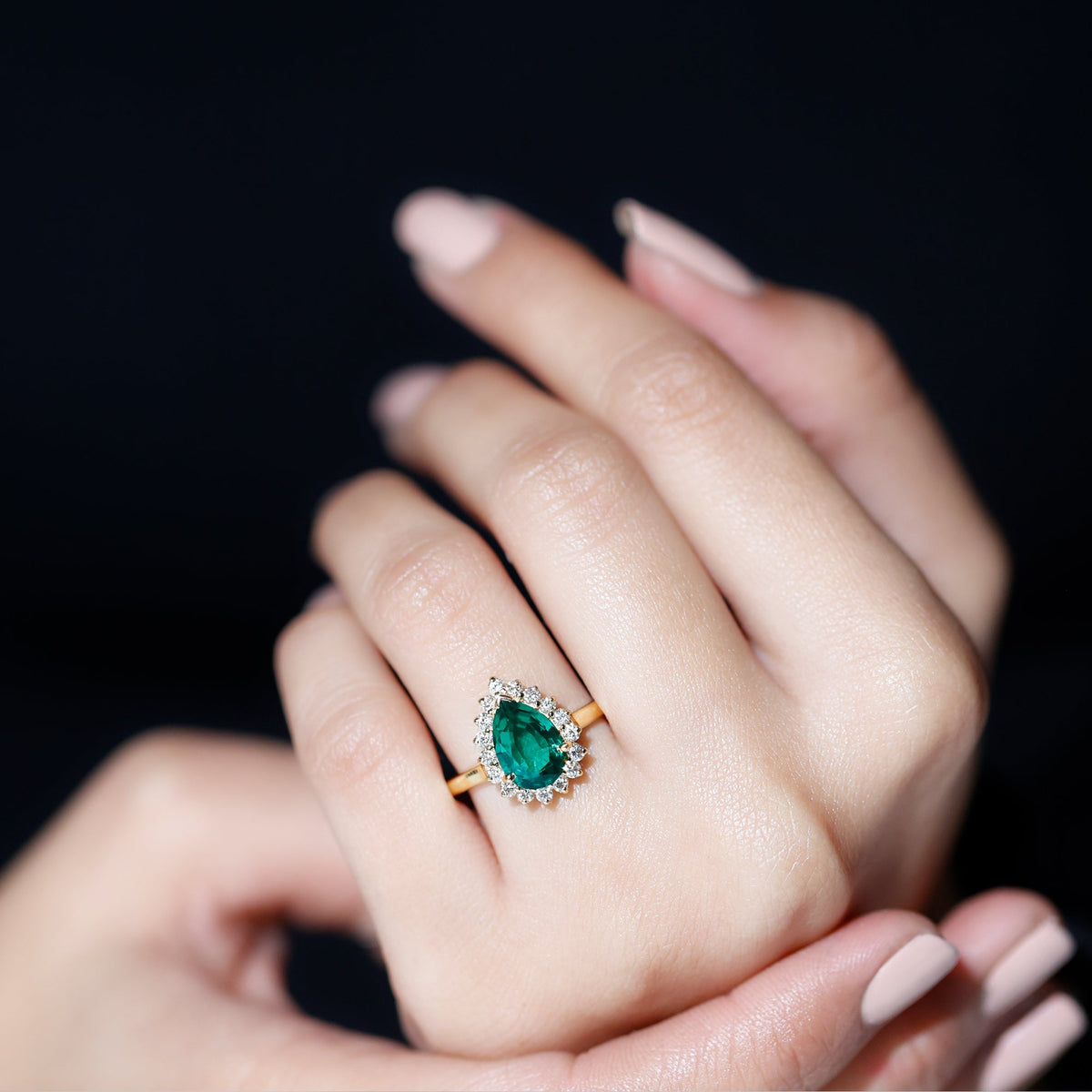 Pear Cut Emerald Ring – 2 Carat Lab Created Emerald Halo Engagement Ring