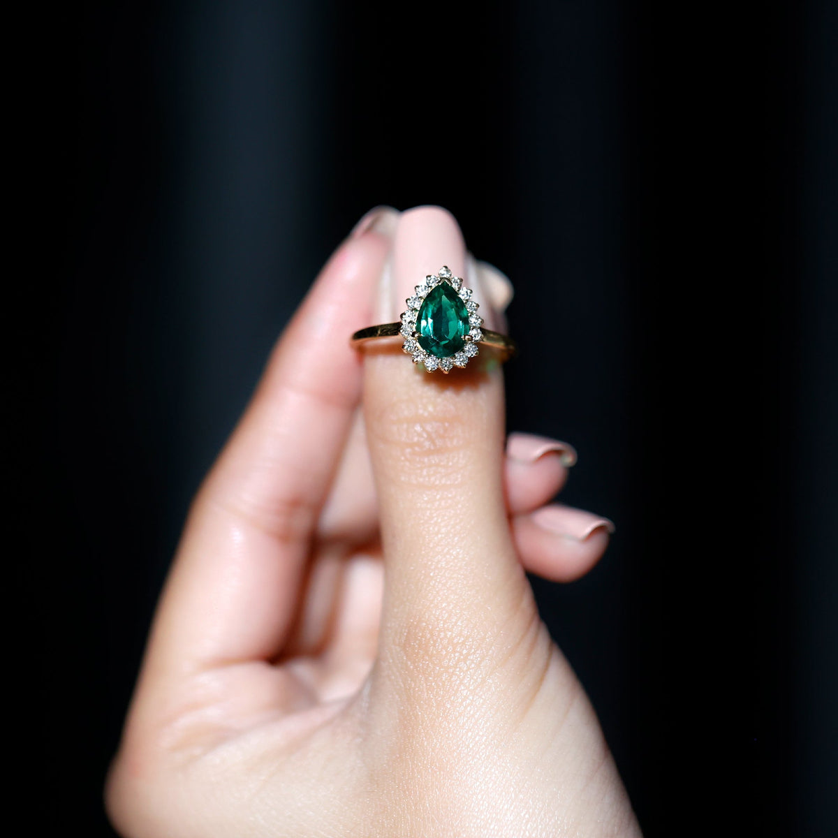 Pear Cut Emerald Ring – 2 Carat Lab Created Emerald Halo Engagement Ring