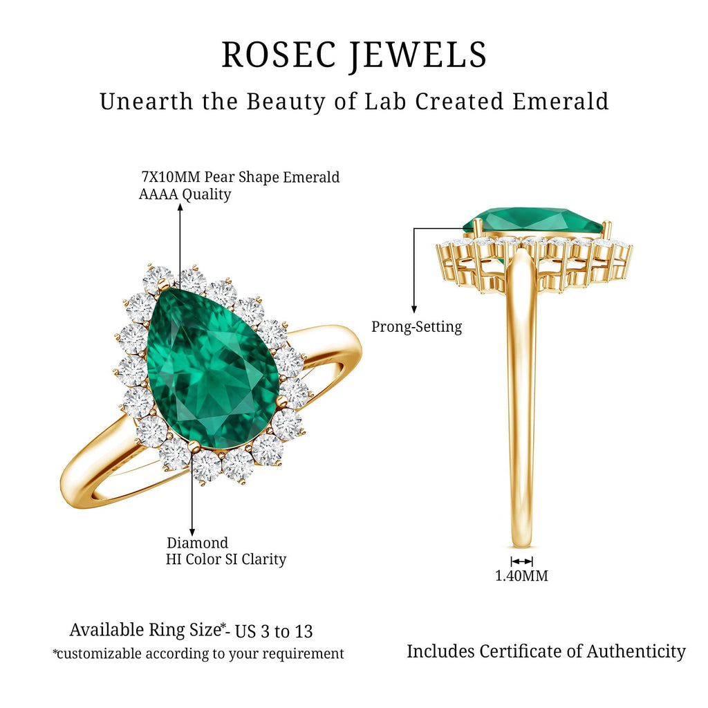 Pear Cut Emerald Ring – 2 Carat Lab Created Emerald Halo Engagement Ring