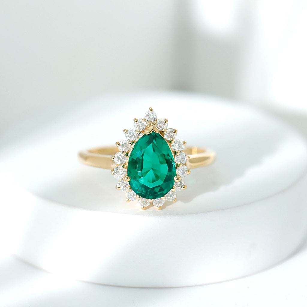 Pear Cut Emerald Ring – 2 Carat Lab Created Emerald Halo Engagement Ring
