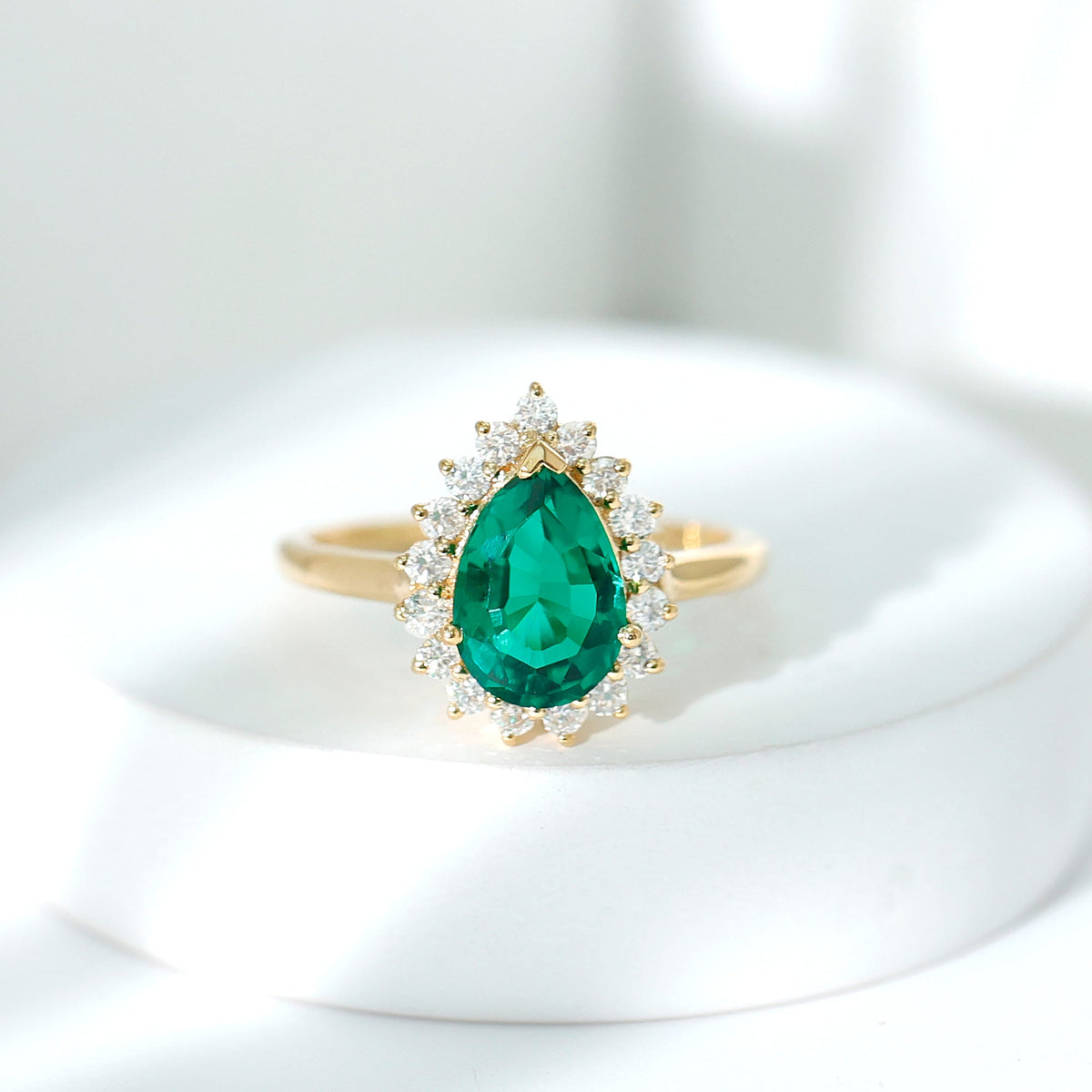 Pear Cut Emerald Ring – 2 Carat Lab Created Emerald Halo Engagement Ring