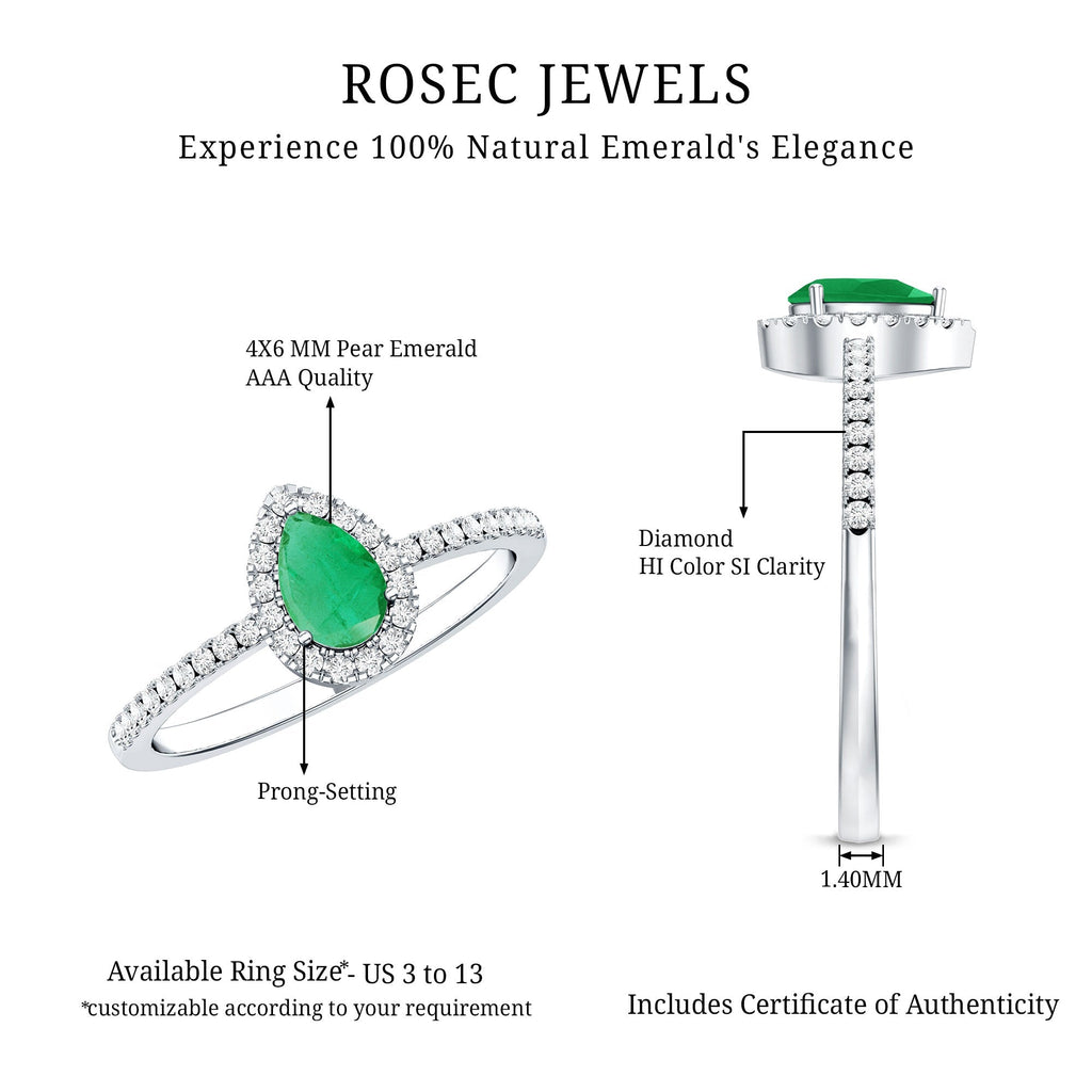 Pear Cut Emerald Ring - Teardrop Engagement Ring with Diamond Halo & AAA Quality