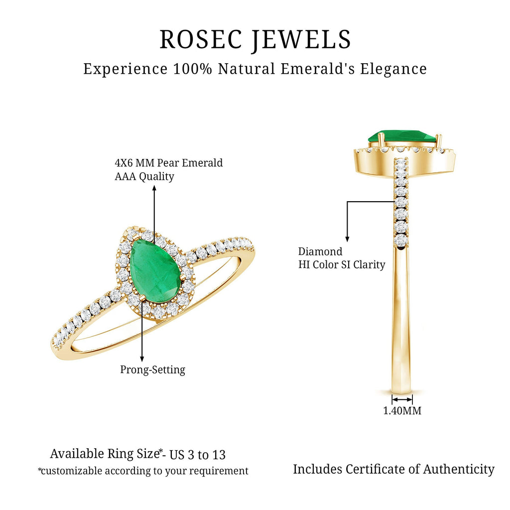 Pear Cut Emerald Ring - Teardrop Engagement Ring with Diamond Halo & AAA Quality
