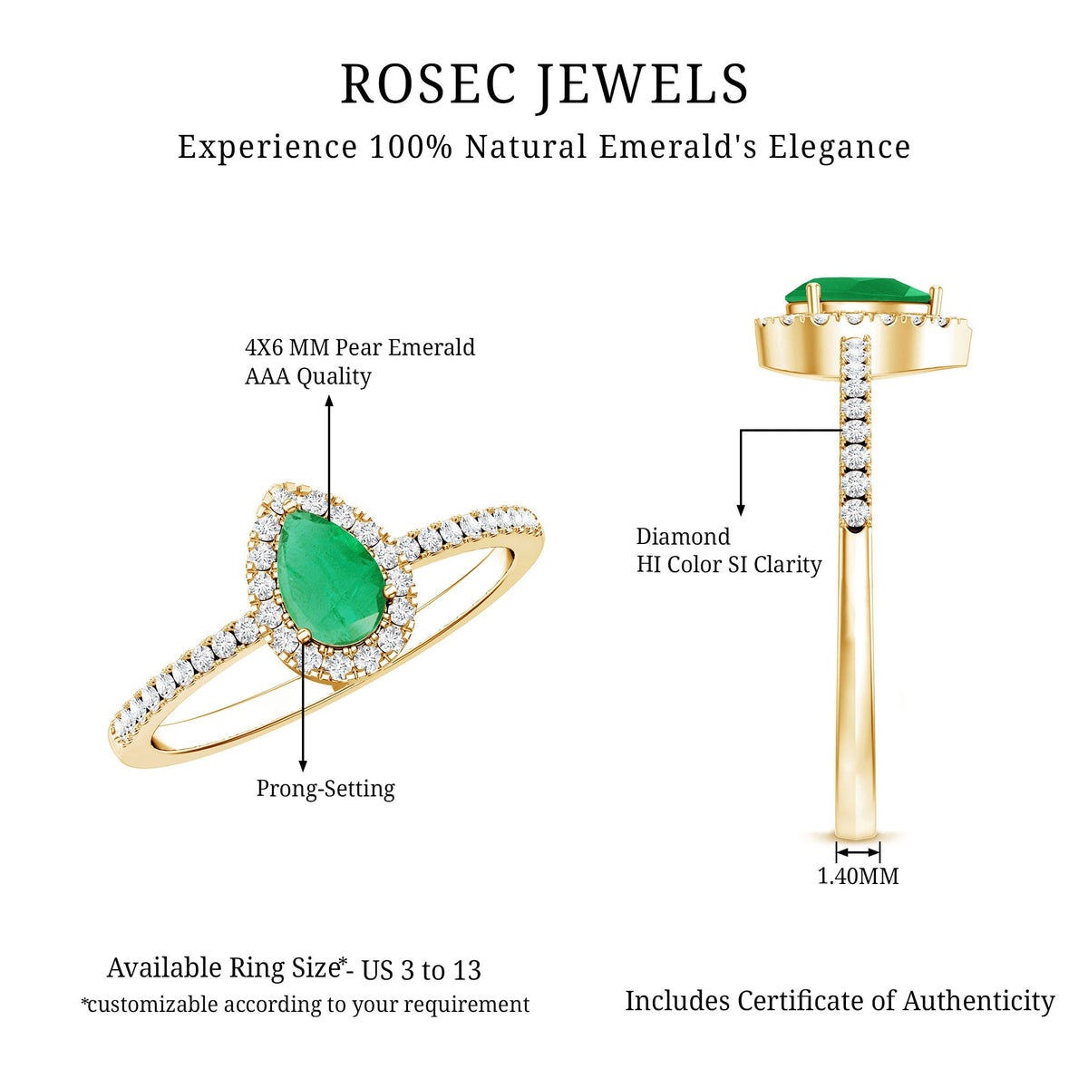 Pear Cut Emerald Ring - Teardrop Engagement Ring with Diamond Halo & AAA Quality