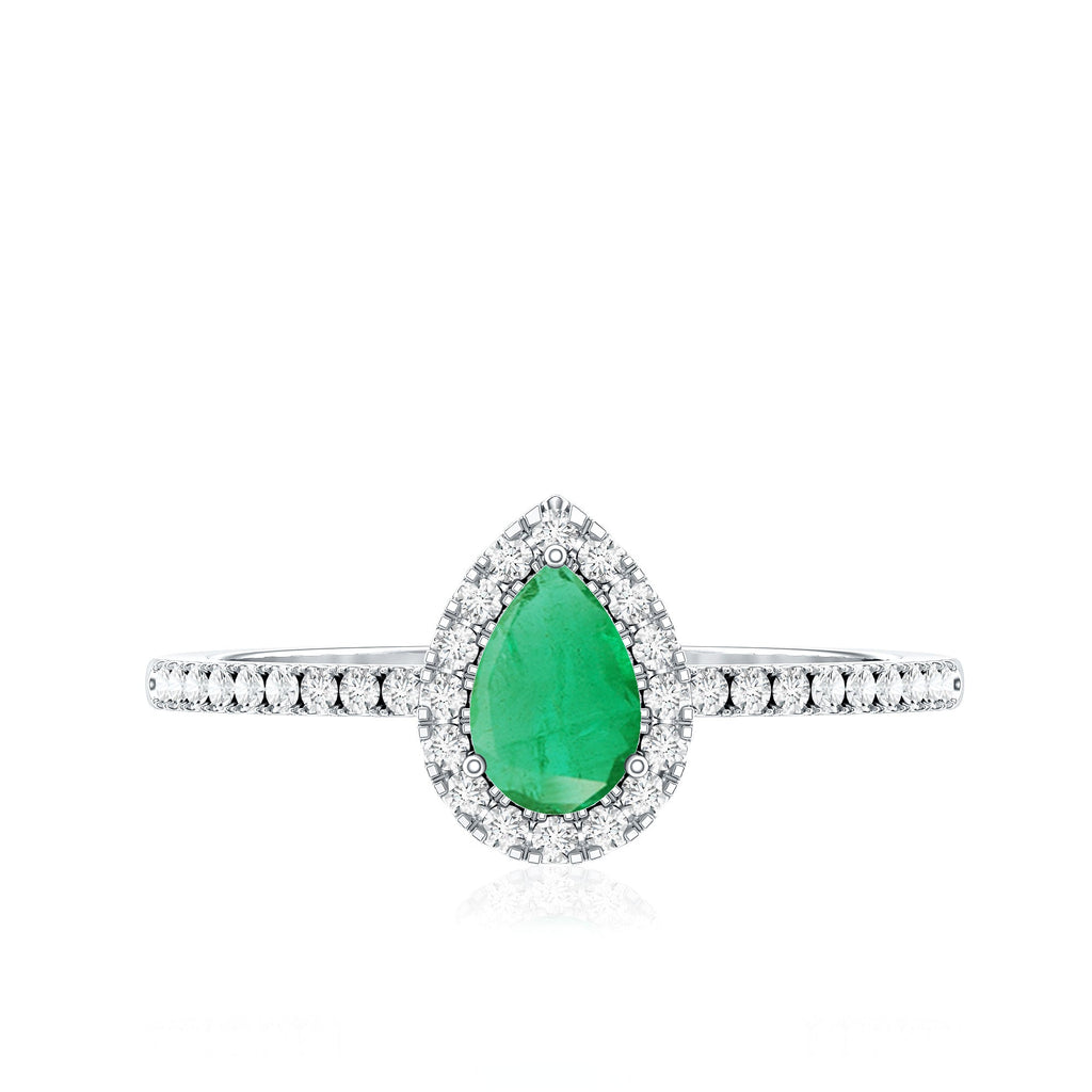 Pear Cut Emerald Ring - Teardrop Engagement Ring with Diamond Halo & AAA Quality