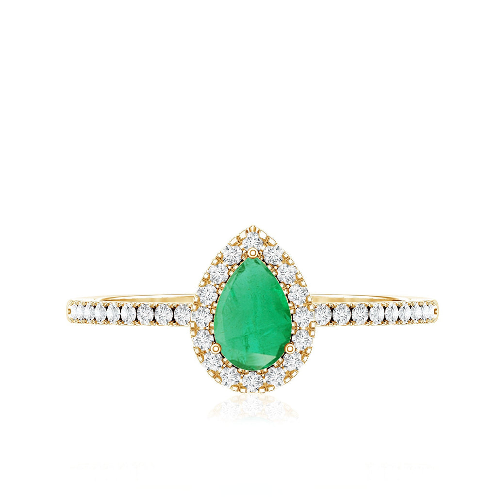Pear Cut Emerald Ring - Teardrop Engagement Ring with Diamond Halo & AAA Quality