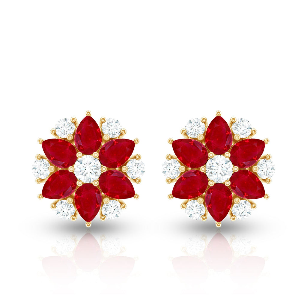 Pear Cut Ruby and Diamond Vintage Flower Earrings
