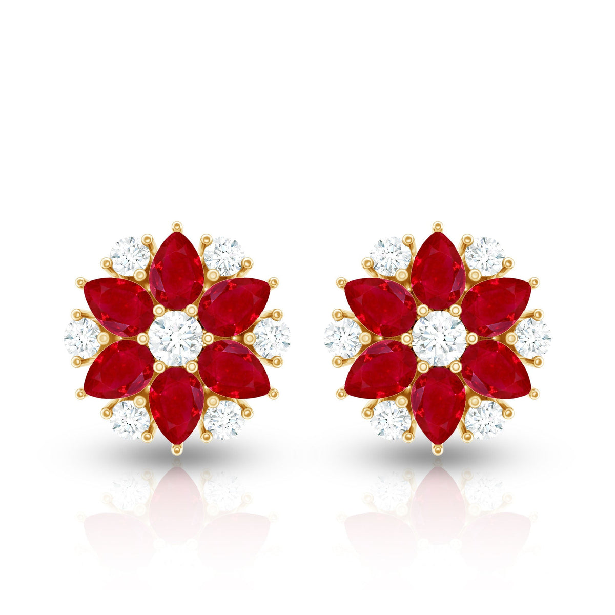 Pear Cut Ruby and Diamond Vintage Flower Earrings