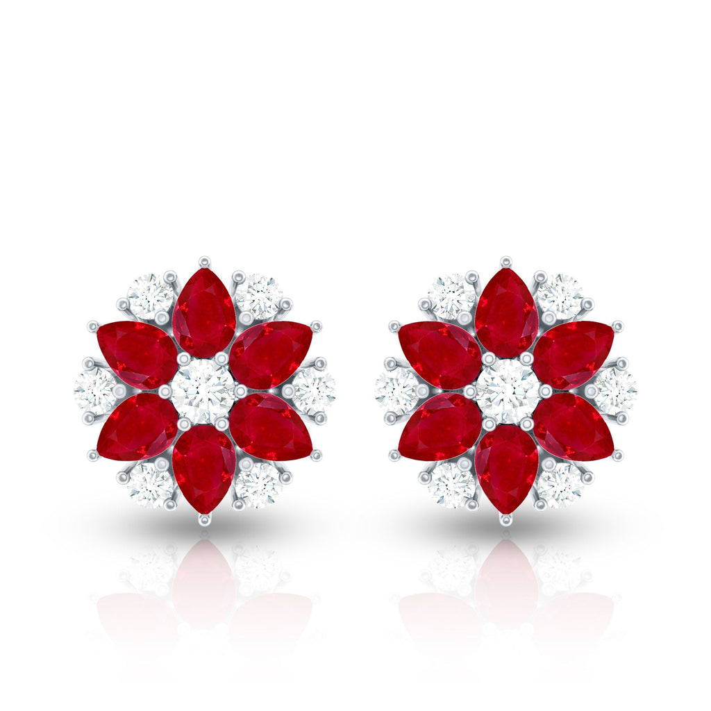 Pear Cut Ruby and Diamond Vintage Flower Earrings