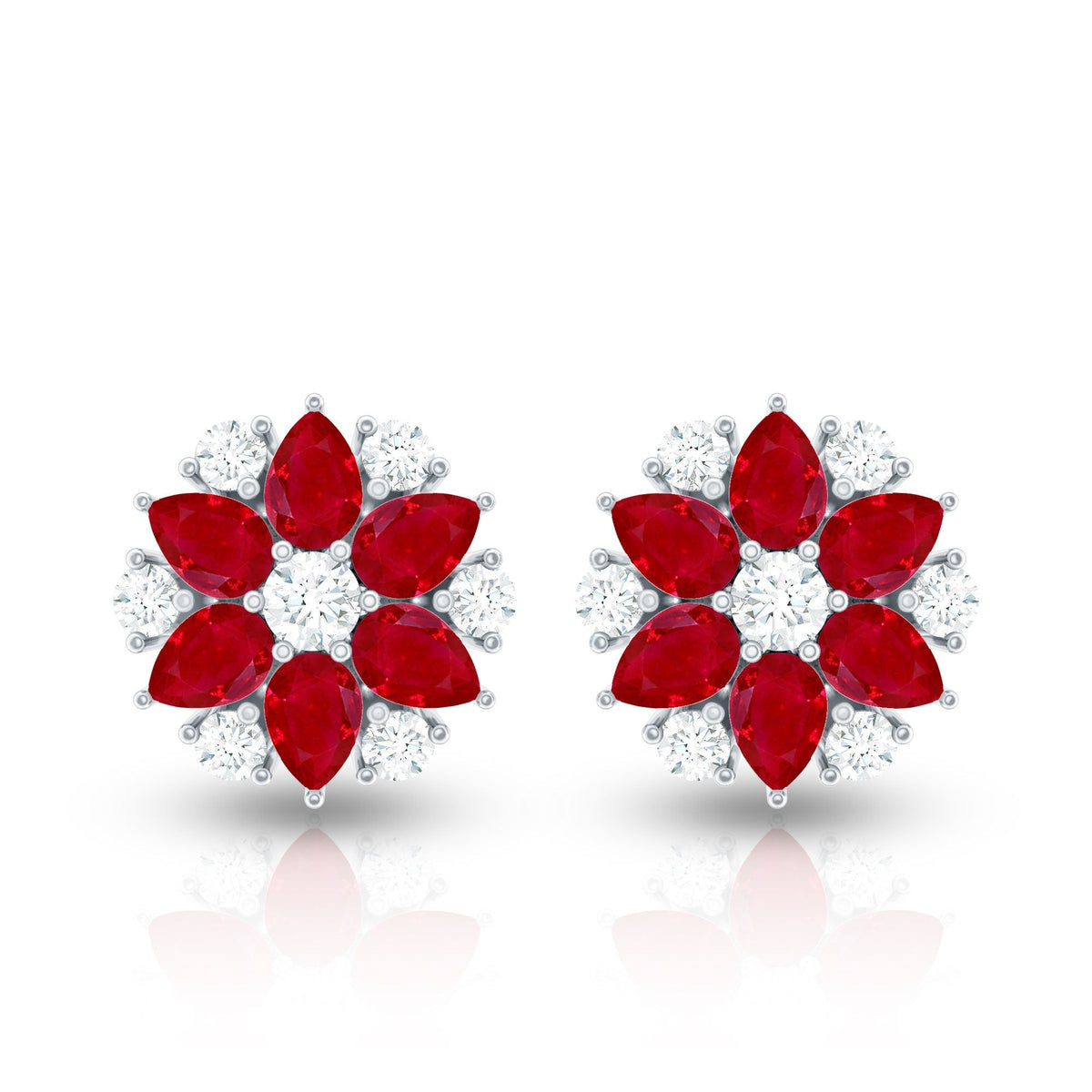 Pear Cut Ruby and Diamond Vintage Flower Earrings