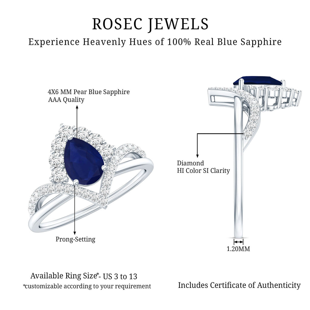 Pear Cut Sapphire Ring, Blue Sapphire Solitaire With Diamonds