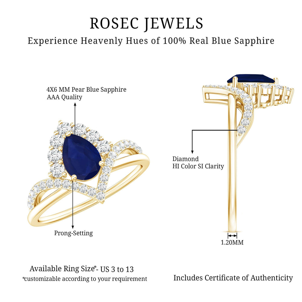 Pear Cut Sapphire Ring, Blue Sapphire Solitaire With Diamonds