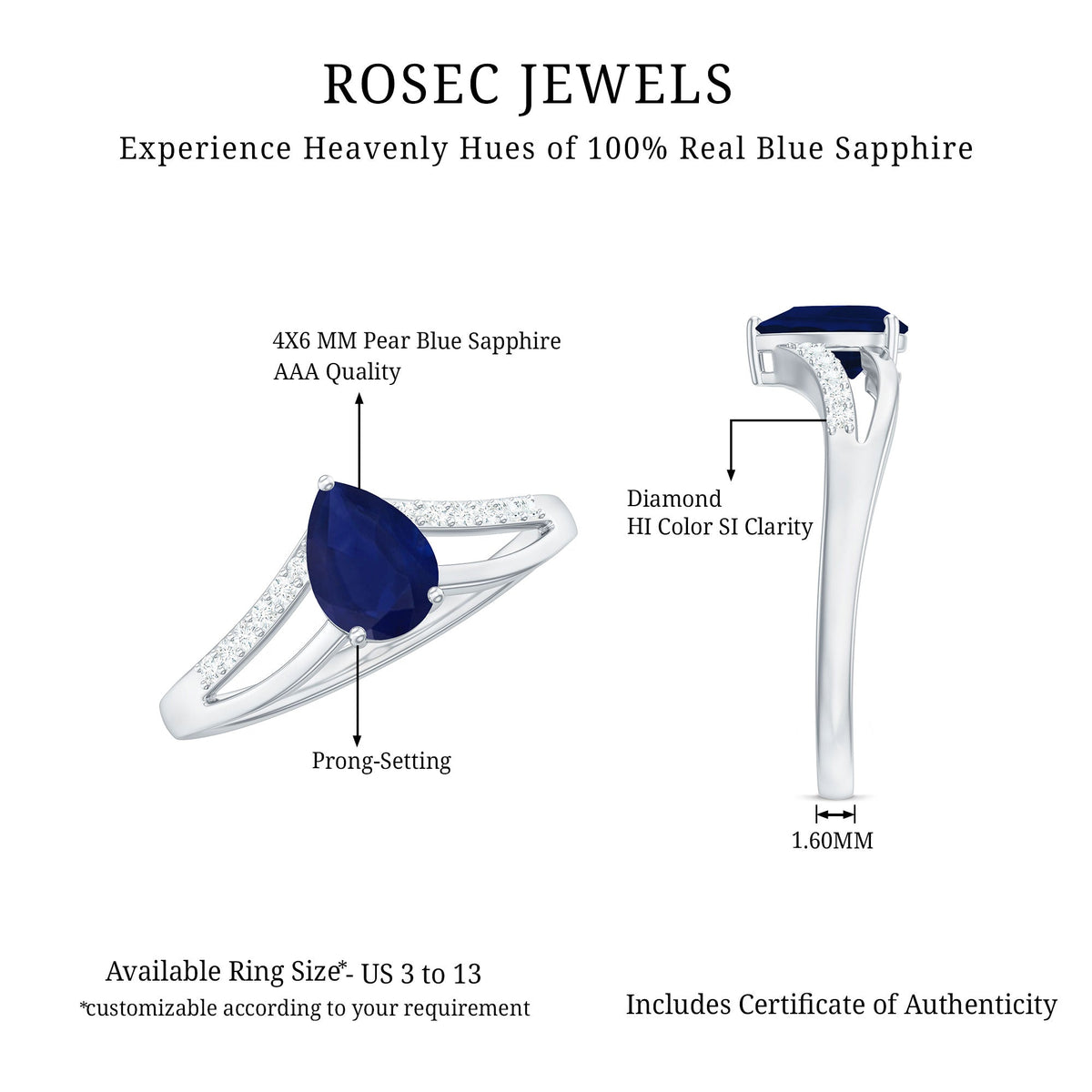 Pear Cut Sapphire Ring, Blue Sapphire Split Shank Diamond Ring