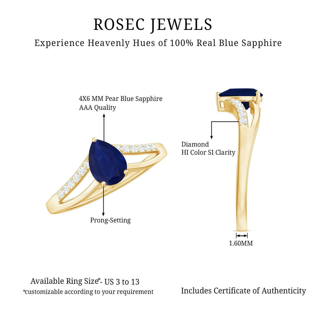 Pear Cut Sapphire Ring, Blue Sapphire Split Shank Diamond Ring