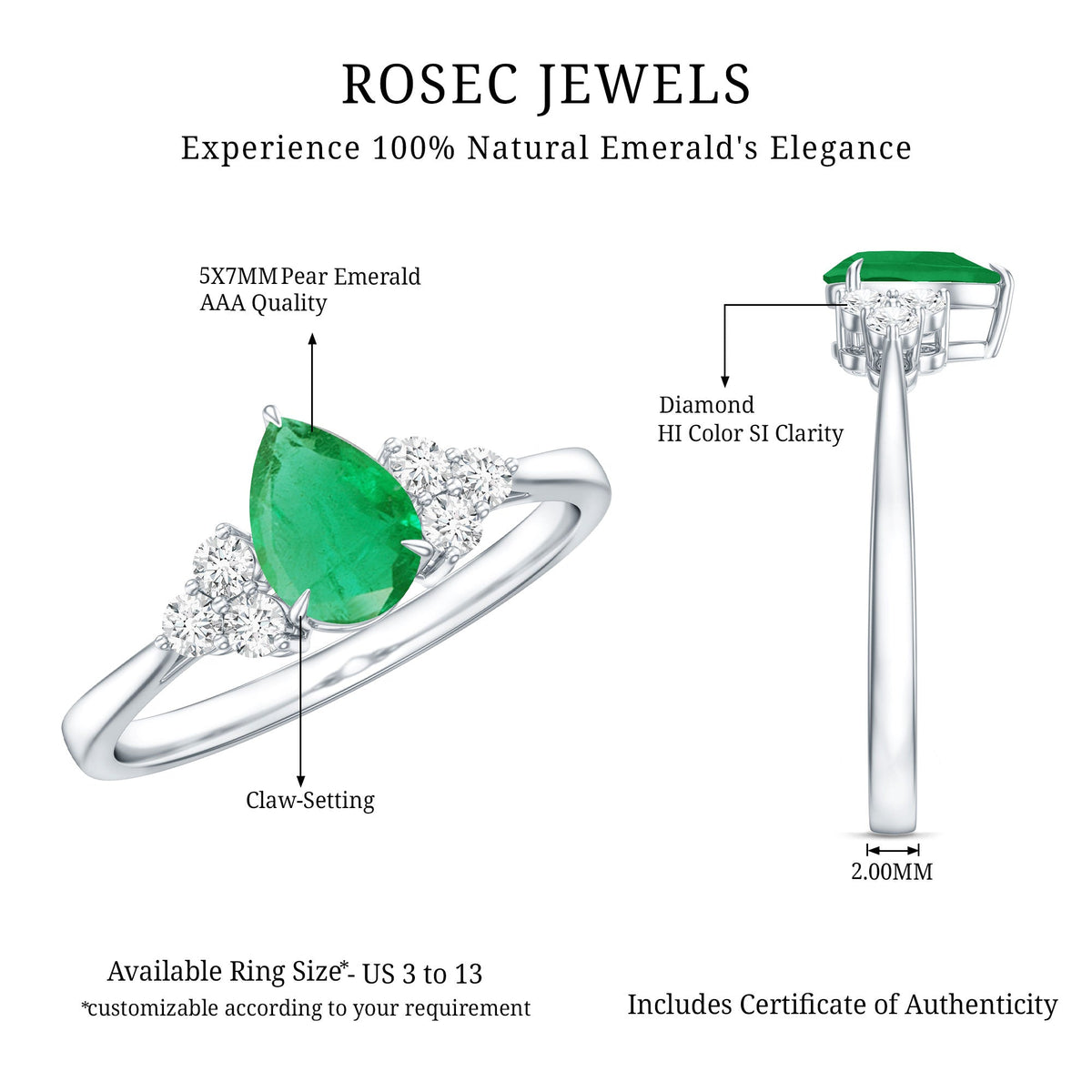 Pear Shape Emerald Ring - AAA Quality 0.6 Carat Teardrop Engagement Band