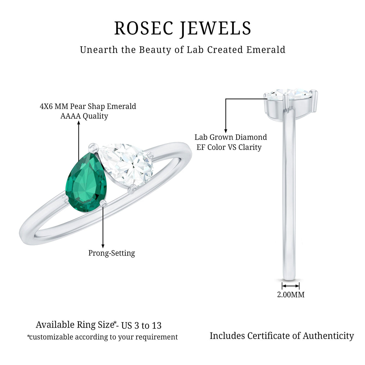Pear Shape Emerald Ring – Toi Et Moi Two Stone Diamond Accent Prong Setting