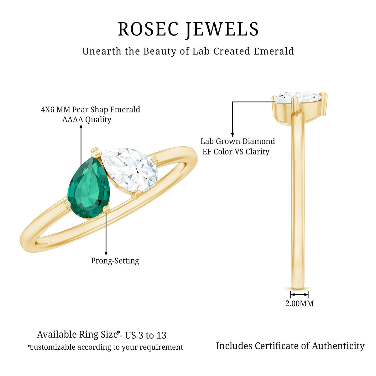 Pear Shape Emerald Ring – Toi Et Moi Two Stone Diamond Accent Prong Setting