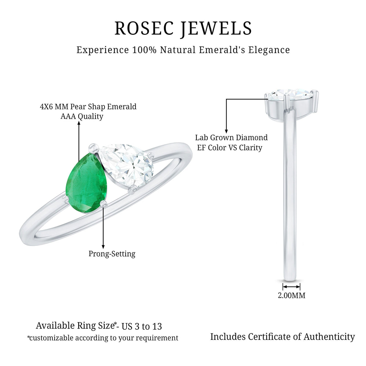 Pear Shape Emerald Ring – Two Stone Promise Ring With Diamond Accent Design