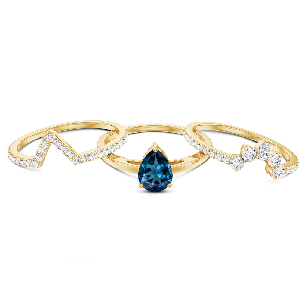 Pear Shape London Blue Topaz and Diamond Trio Ring Set