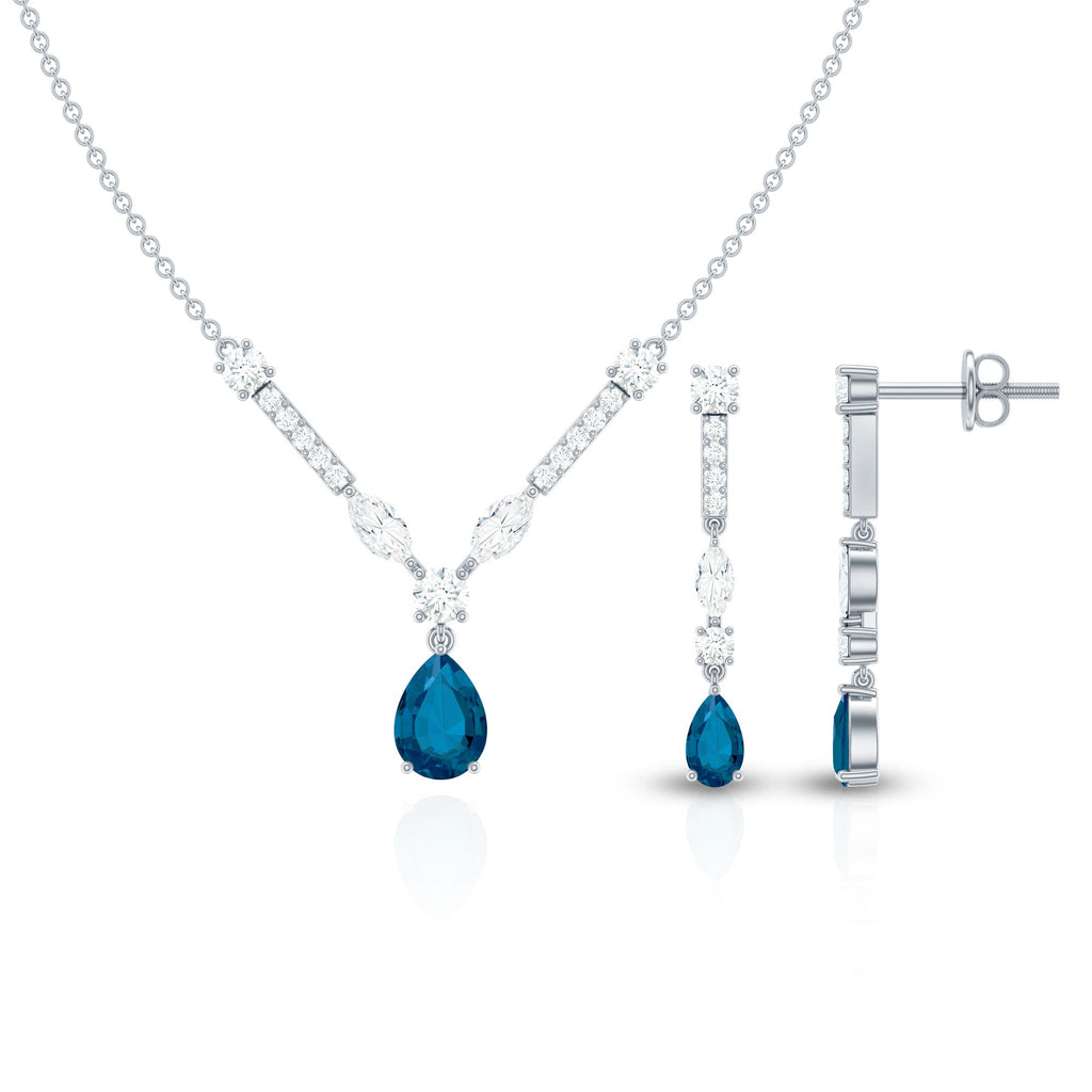 Pear Shape London Blue Topaz and Moissanite Wedding Necklace Earrings Set