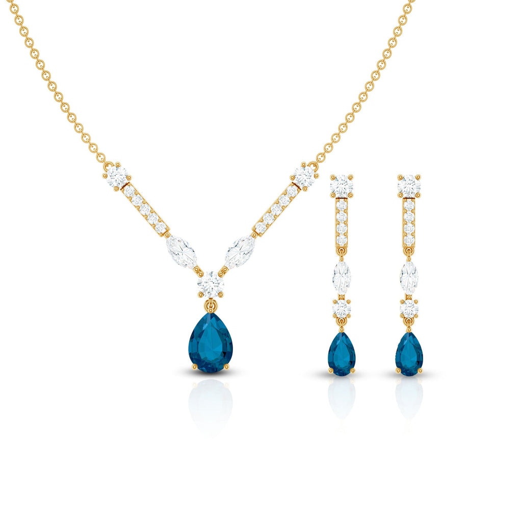 Pear Shape London Blue Topaz and Moissanite Wedding Necklace Earrings Set