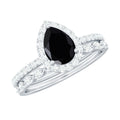 Pear Shaped Black Onyx and Diamond Halo Bridal Ring Set With Certificate