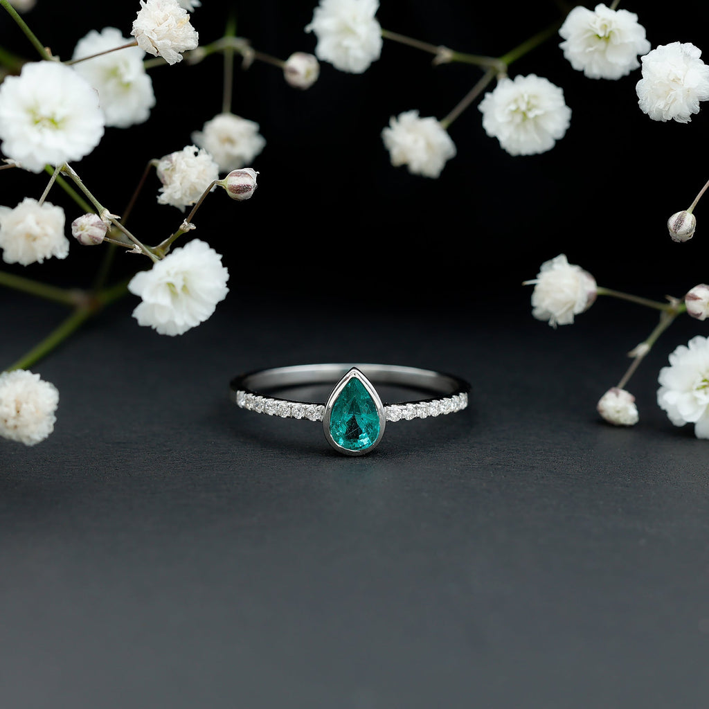 Pear Shaped Emerald Ring – AAA Quality Emerald Engagement With Diamond Side Stones