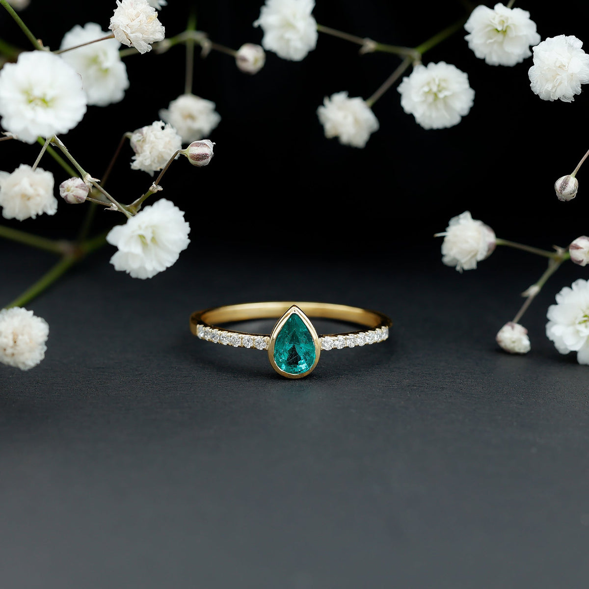 Pear Shaped Emerald Ring – AAA Quality Emerald Engagement With Diamond Side Stones